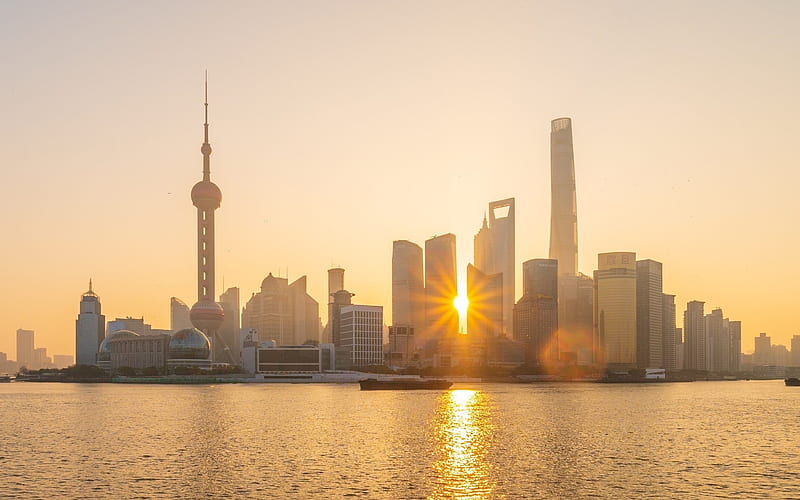 Shanghai, China, sunrise, Shanghai, cityscape, skyscrapers, water, HD wallpaper