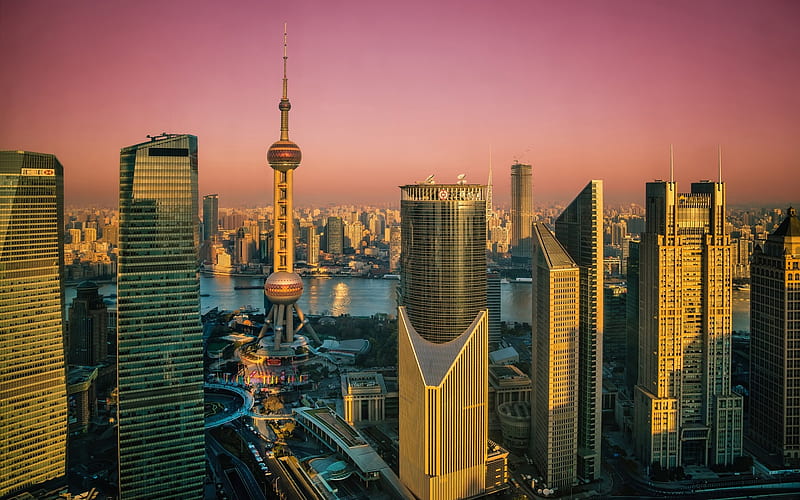 Orient Pearl Tower, Shanghai, sunset, skyscrapers, metropolis, China, Asia, HD wallpaper