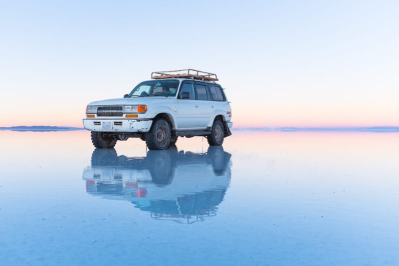 toyota land cruiser, toyota, suv, old, white, water, shallows, off-road, HD wallpaper