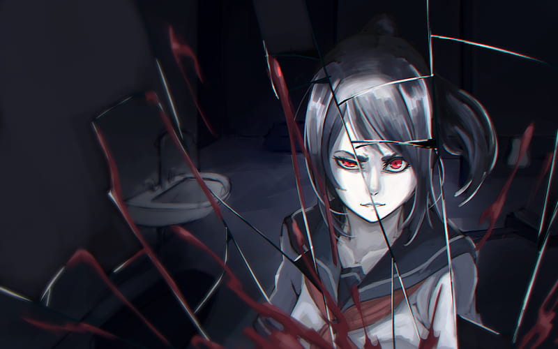 yandere, anime girl, shattered glass, red eyes, school uniform, Anime, HD wallpaper