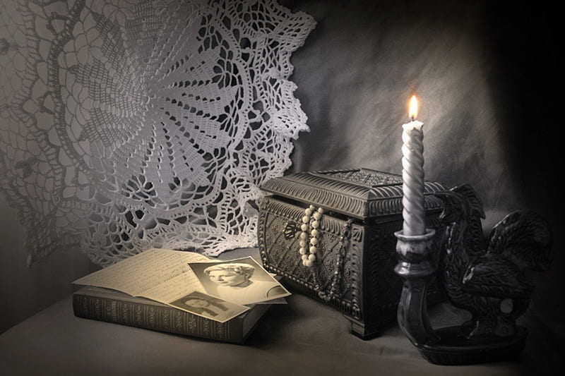 still life, candle, doily, book, pearls, knitted, old, HD wallpaper