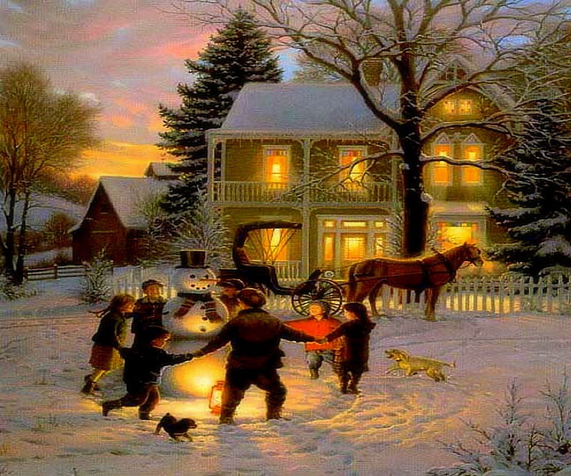 ★Laughing All The Way★, villages, children, horse carriage, xmas and new year, greetings, paintings, people, traditional art, christmas, houses, love four seasons, trees, snowman, snow, winter holidays, weird things people wear, dogs, HD wallpaper