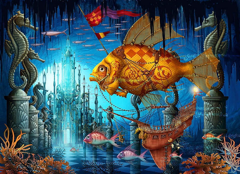 Armada, underwater, art, statues, fish, seahorses, castle, HD wallpaper