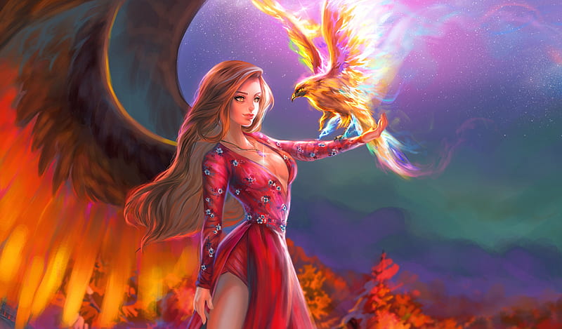 Fantasy Girl With Phoenix, phoenix, fantasy-girls, artist, artwork, digital-art, bird, colorful, HD wallpaper