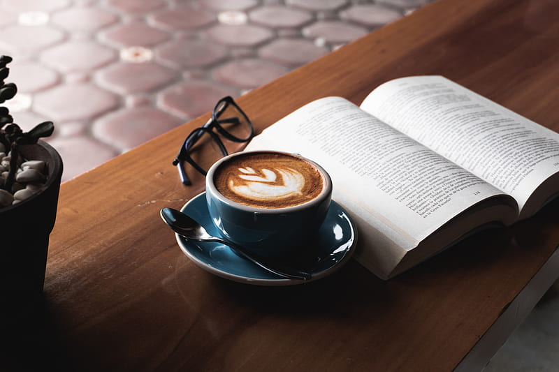 coffee, book, glasses, drink, cup, table, HD wallpaper