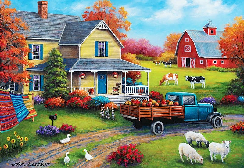 Harvest Time On The Farm, artwork, barn, painting, house, sheep, trees, truck, HD wallpaper