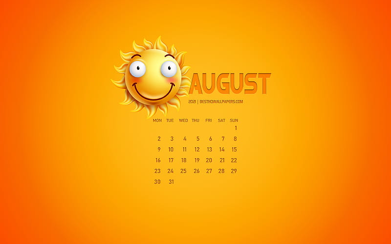 2021 August Calendar, creative art, yellow background, 3D sun emotion icon, calendar for August 2021, concepts, 2021 calendars, HD wallpaper