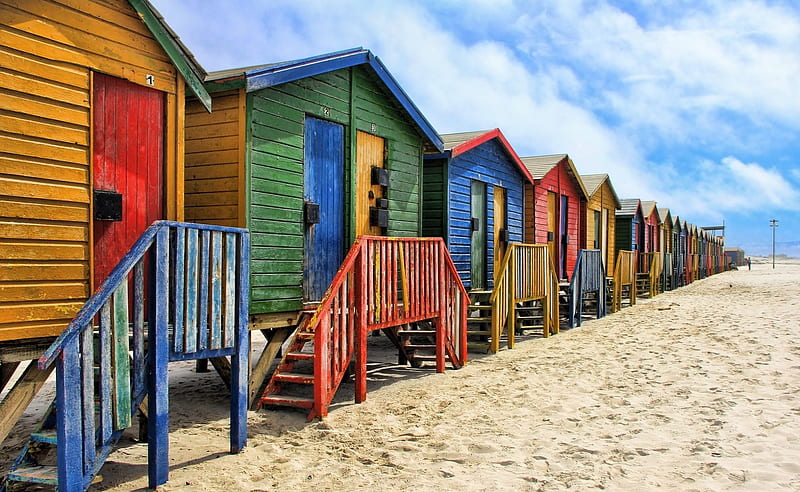 Colorful Cabins, colorful, nice, beach, nature, cabins, South Africa, HD wallpaper