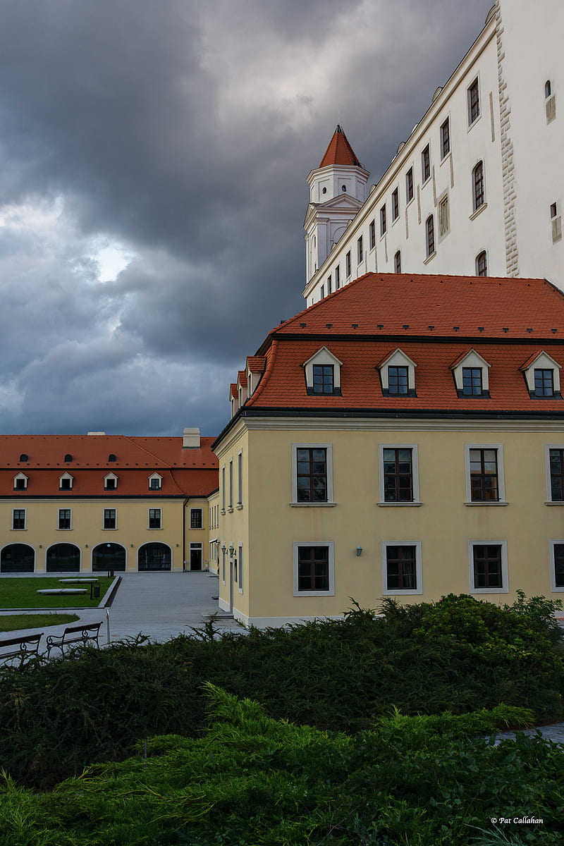 architecture, Bratislava, Slovakia, castle, plants, portrait display, clouds, window, building, bench, HD phone wallpaper