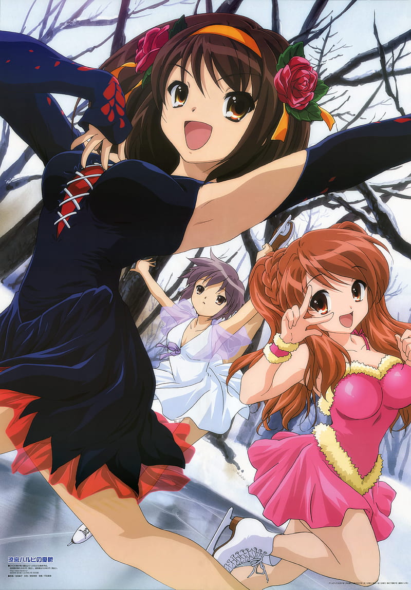 anime, The Melancholy of Haruhi Suzumiya, anime girls, open mouth, flower in hair, HD phone wallpaper