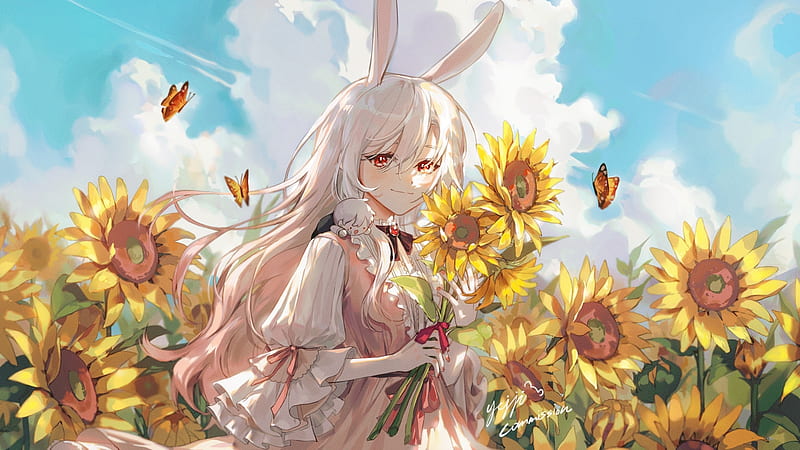 sunflowers, pretty anime girl, clouds, bunny ears, butterflies, Anime, HD wallpaper