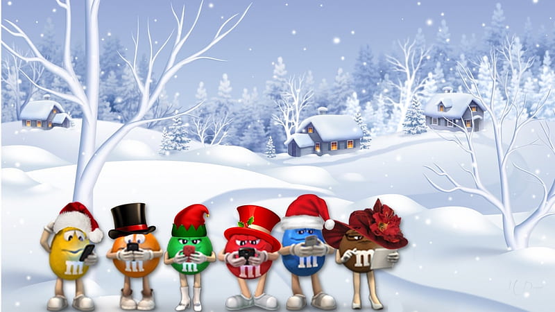 M and M's for Christmas, forest, candy, cottages, feliz navidad, christmas, tablet, trees, winter, media, connected, snow, cabins, smart phones, Firefox Persona theme, HD wallpaper