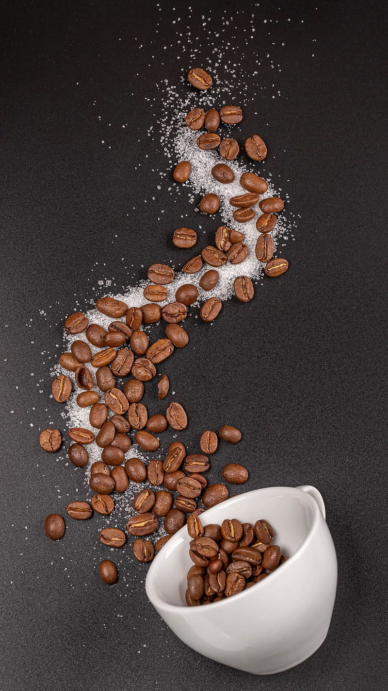 Coffee, beans, coffee beans, cup, sugar, white cup, HD phone wallpaper