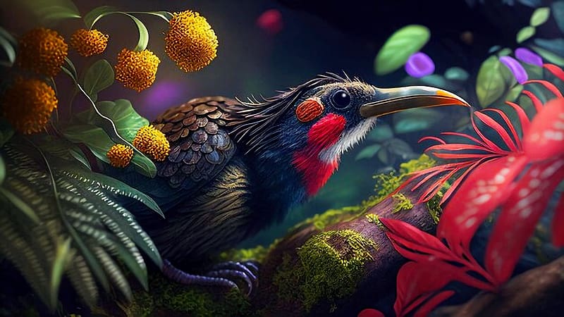 Hummingbird Collects Pollen From Flowers, art, plants, bird, blossoms, digital, HD wallpaper