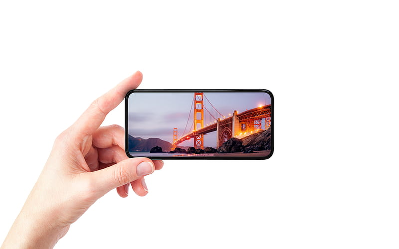 San Francisco, California, Golden Gate Bridge, smartphone in hand, white background, smartphone, evening sunset, USA, HD wallpaper