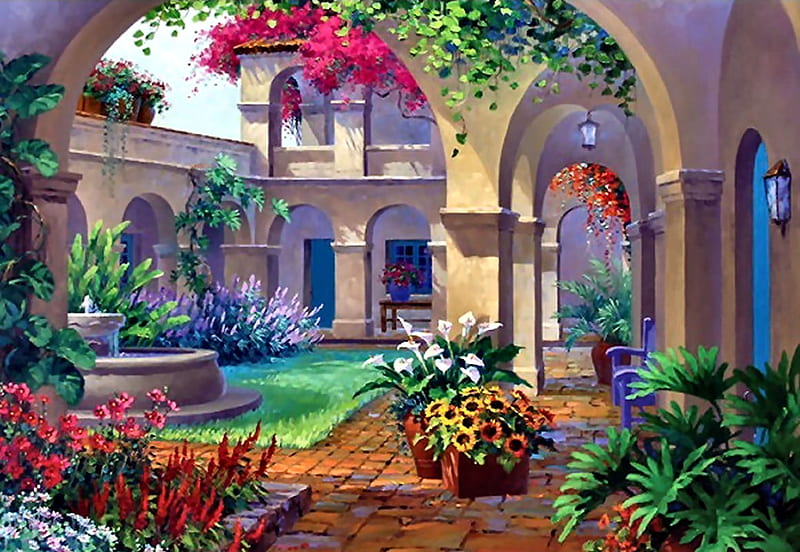 Intriguing Archway, veranda, patio, art, architecture, bonito, illustration, artwork, painting, wide screen, scenery, HD wallpaper