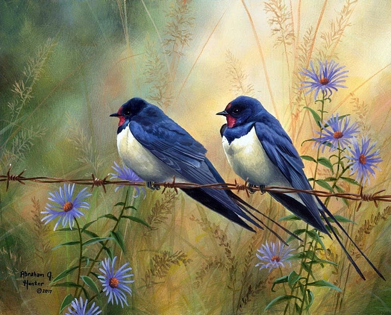 Swallows, couple, art, abraham hunter, randunica, swallow, vara, bird, pasari, painting, summer, flower, pictura, blue, HD wallpaper