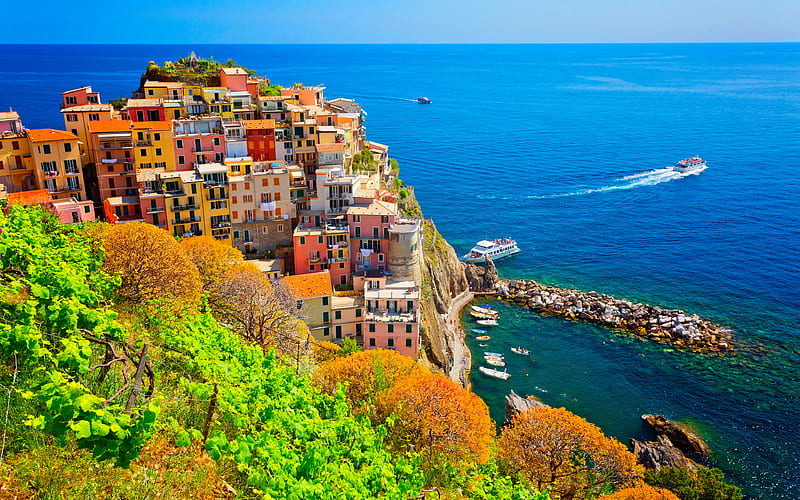 Manarola sea, summer, harbor, Cinque Terre, Italy, Europe, HD wallpaper