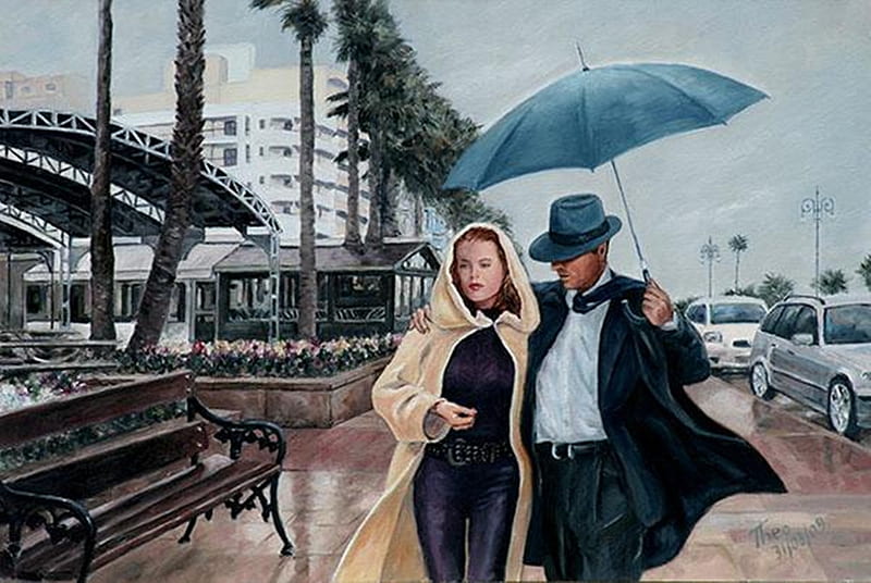 strolling grande, art, paintings, cool, people, rain, couple, HD wallpaper