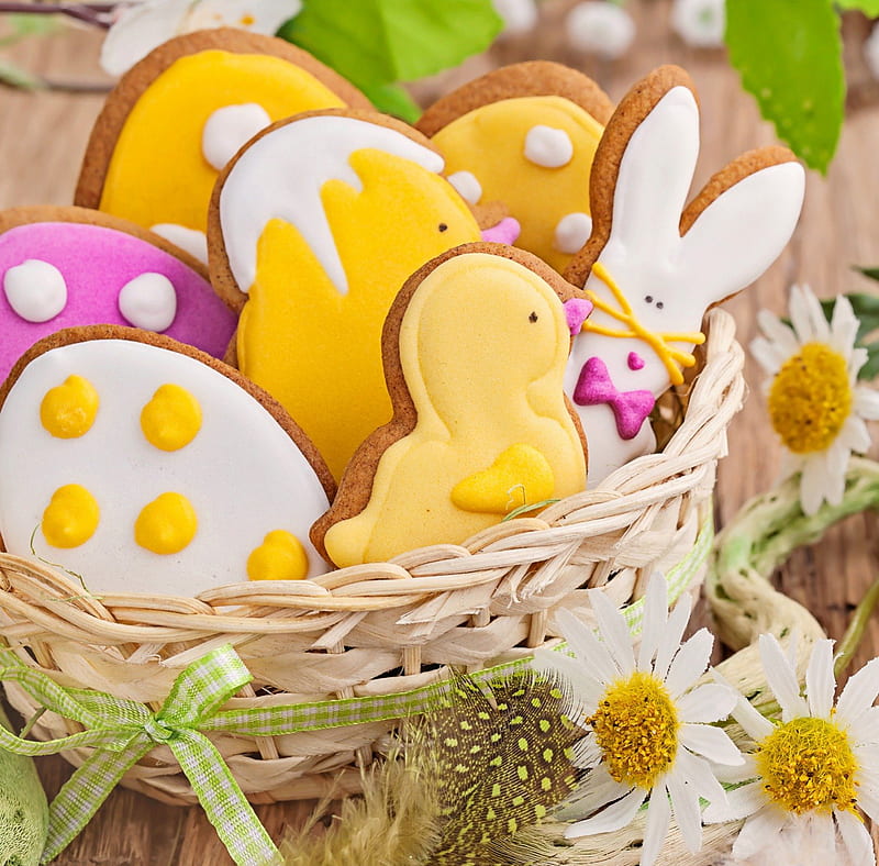 Easter basket, sweet cakes, Easter, holidays, decoration, basket, eggs, HD wallpaper