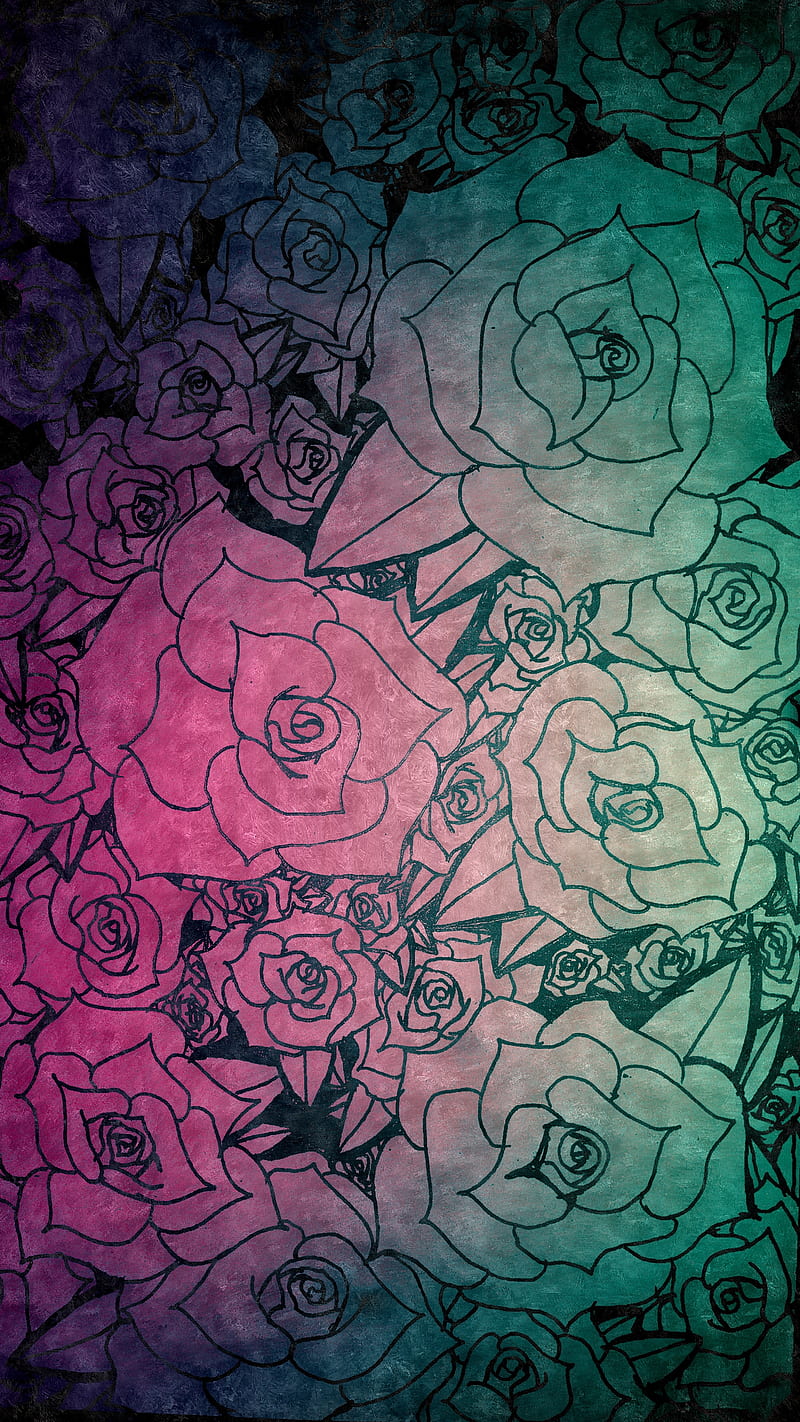 Rose Print, black, drawing, flowers, ink, pink, romantic, roses, sketch, teal, HD phone wallpaper