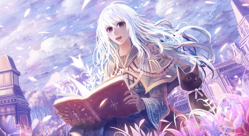 ~Wild Imagination~, bou nin, grass, white hair, book, cat, sky, clouds, brown eyes, girl, anime, petals, long hair, HD wallpaper