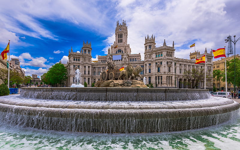 Cibeles Square, Madrid, fountain, Spanish flags, Plaza de Cibeles, Spain, HD wallpaper