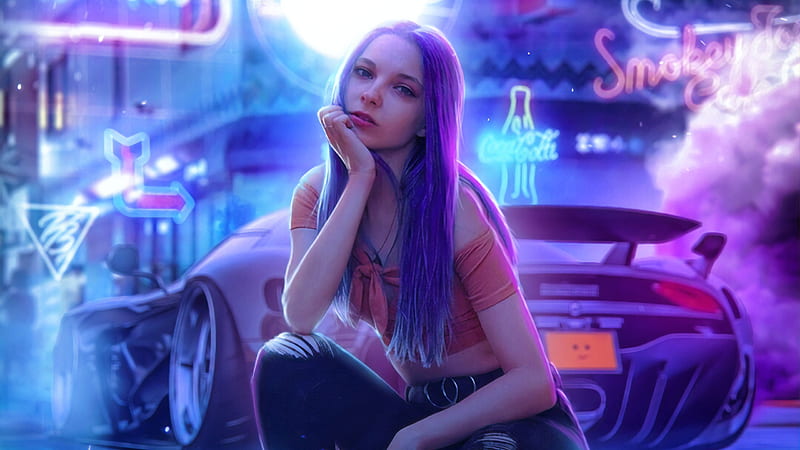Cyber Girl With Cars, cyberpunk, neon, artist, artwork, digital-art, artstation, HD wallpaper