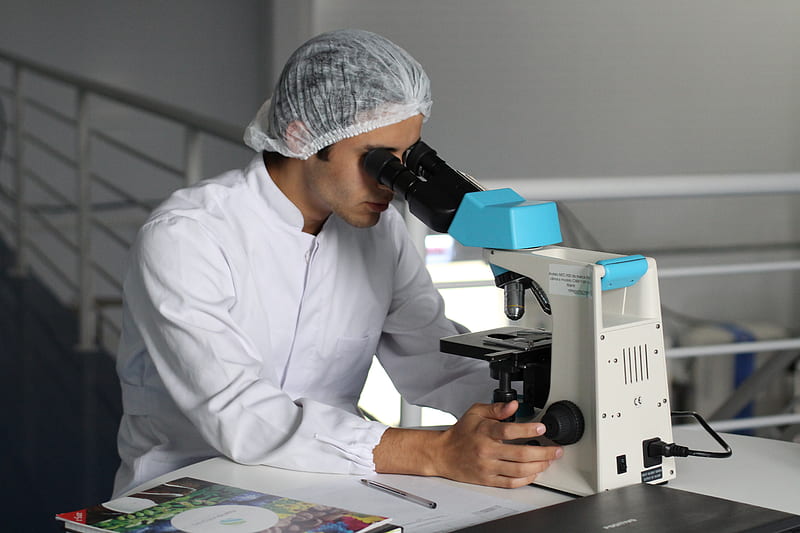 man sight on white microscope, HD wallpaper