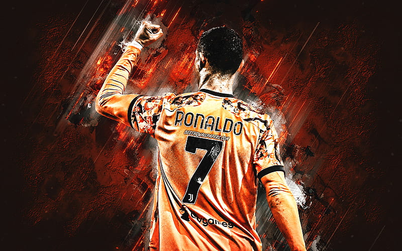 Cristiano Ronaldo, CR7, Juventus FC, orange Juventus uniform, orange stone background, Serie A, Italy, soccer, HD wallpaper