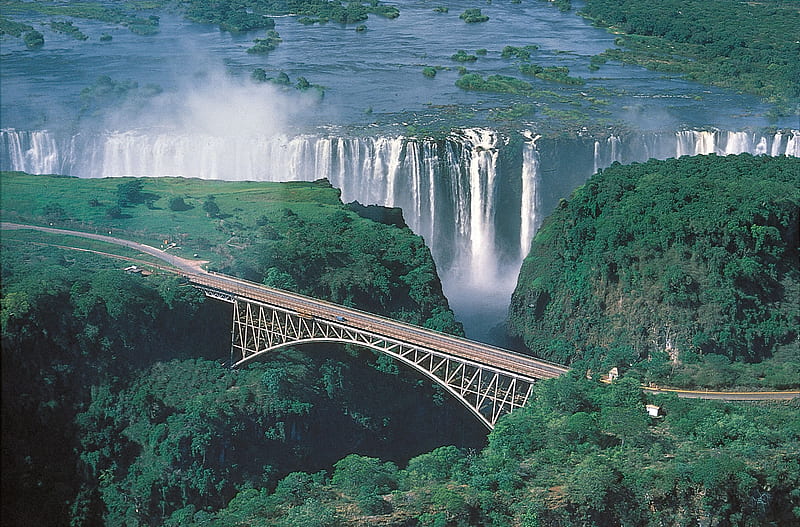 Victoria-Water-Falls-Zimbabwe, water, victoria, bridge, waterfall, nature, trees, zimbabwe, falls, HD wallpaper