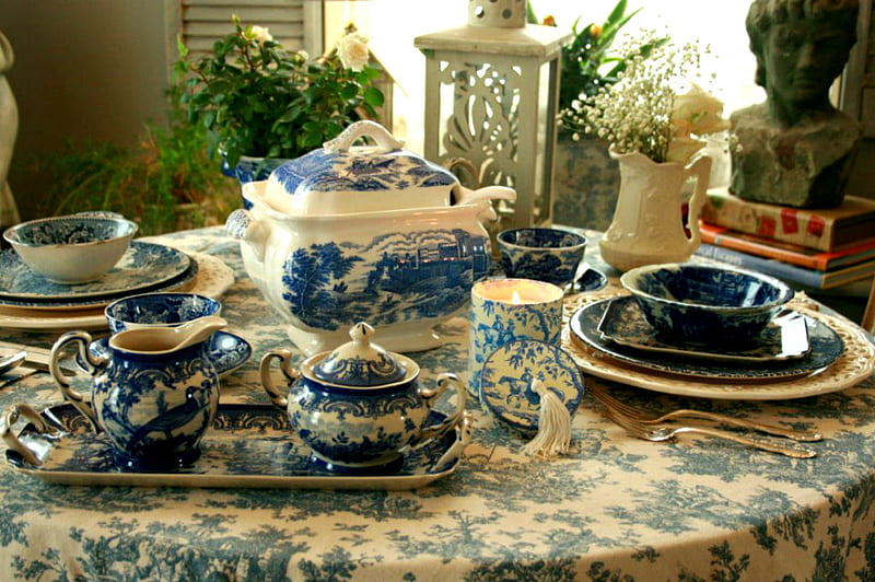 Fine China 2598x1729, toiles, dishes, china, party, blue and white, table scape, spode, HD wallpaper