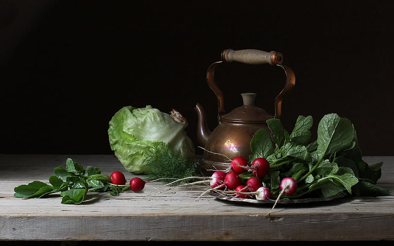 ❤️, Table, Kettle, Radishes, Cabbages, HD wallpaper