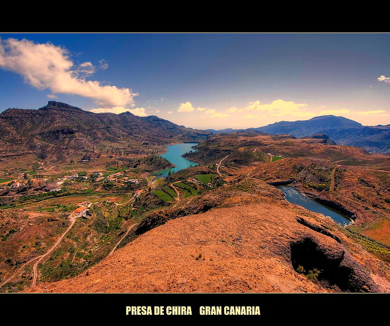 Presa de Chira, Gran Canaria, lakes, desert, overview, island, sky, HD wallpaper