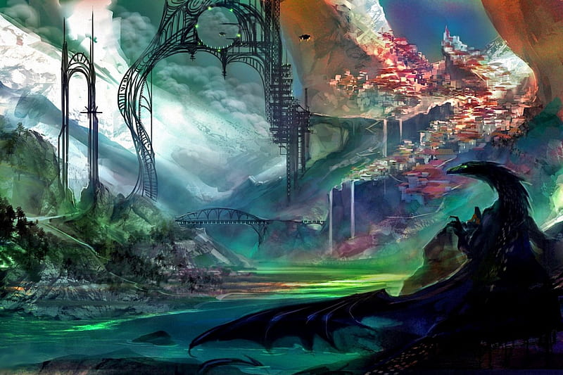 Spire City, sci-fi, fantasy, tech, magic, dragon, HD wallpaper