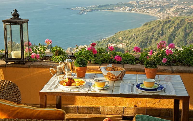 Good Morning,Sicily, good morning, architecture, pretty, resort, house, sicilia, italia, flowers, beauty, morning, italy, candle, lovely, romance, holiday, houses, breakfast, cup, colorful, cup of coffee, sicily, bonito, sea, city, lamp, romantic, view, colors, terrace, candles, coffee, peaceful, summer, nature, HD wallpaper