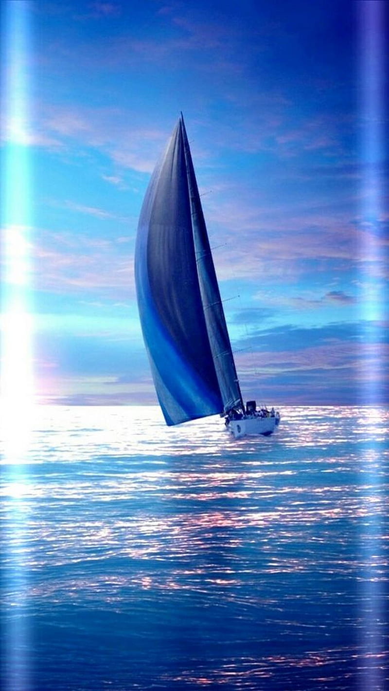 boat, blue, edge, sailing, samsung, sea, ship, sky, sunset, HD phone wallpaper