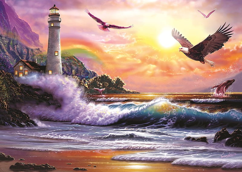 Keeping Watch, eagles, ocean, sunset, waves, rainbow, clouds, sky, artwork, lighthouse, mountains, painting, HD wallpaper
