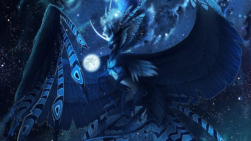 fantasy creature, horse, wings, horn, majestic, night, stars, moon, Fantasy, HD wallpaper