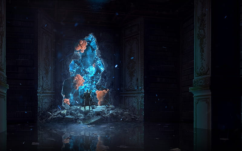 The gate, art, fantasy, game, black, man, blue, HD wallpaper