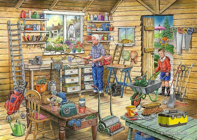 Fred's Shed, cottage, cart, artwork, boy, radio, painting, garden, flowers, tools, workshop, HD wallpaper