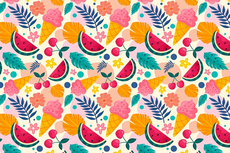 Pattern, green, fruit, leaf, watermelon, ice cream, orange, pink, cornet, red, texture, HD wallpaper