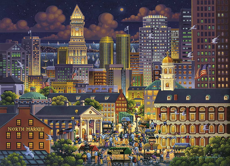 Boston Market, boston, art, city, buildings, painting, eric dowdle, pictura, market, HD wallpaper