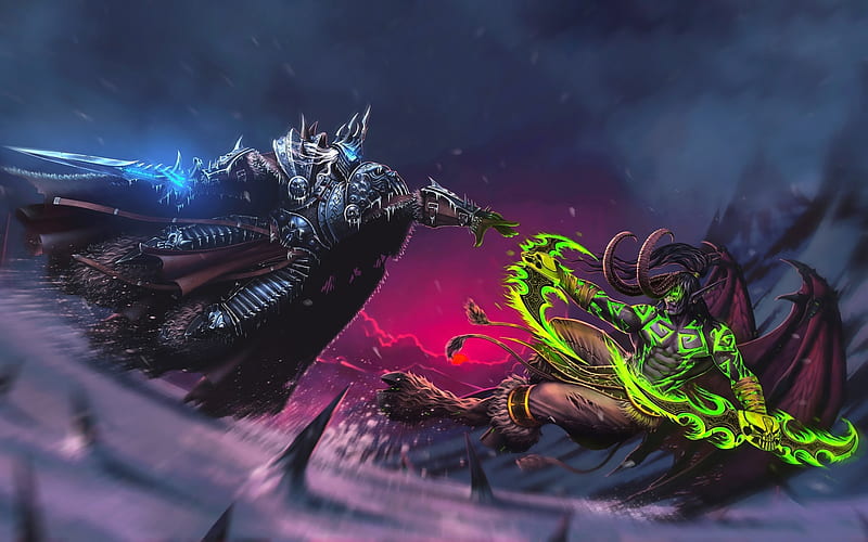 Arthas Menethil, Illidan Stormrage, battle, World of Warcraft, artwork, WoW, HD wallpaper