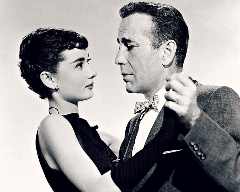 Sabrina (1954), male, movie, Humphrey Bogart, black, man, woman, sabrina, Audrey Hepburn, girl, bw, actress, love, dance, white, couple, actor, HD wallpaper