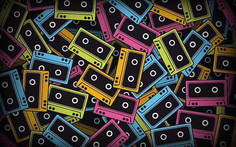 colorful cassettes, creative, music backgrounds, cassettes, retro cassettes, cassettes patterns, HD wallpaper
