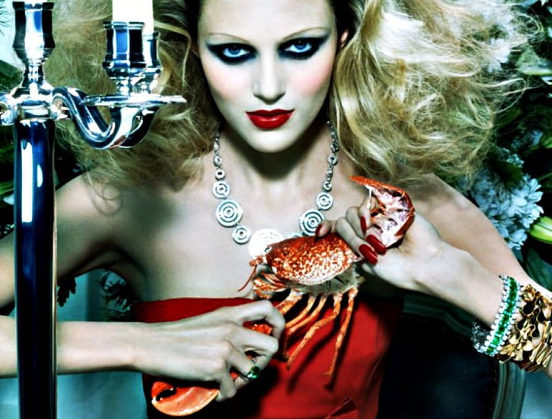 Anja Rubik, red, model, woman, make-up, lobster, girl, homar, blue, HD wallpaper