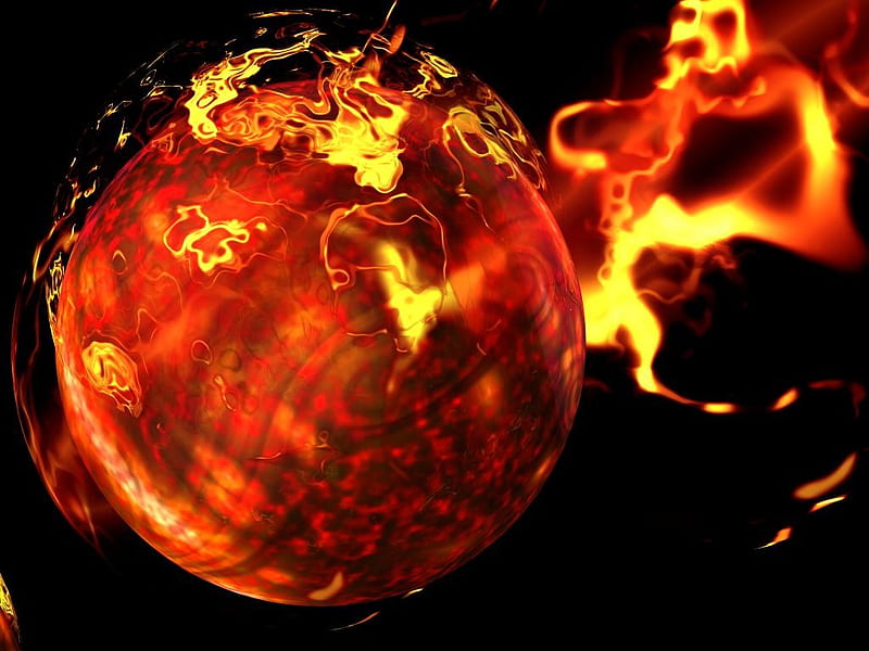 burning sphere, fire, planets, fantasy, space, abstract, sphere, HD wallpaper