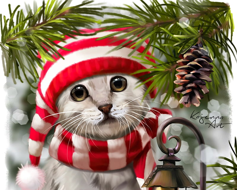 Christmas cat, red, art, lorri kajenna, luminos, craciun, christmas, pinecone, cat, hat, fantasy, green, scarf, white, pisica, HD wallpaper