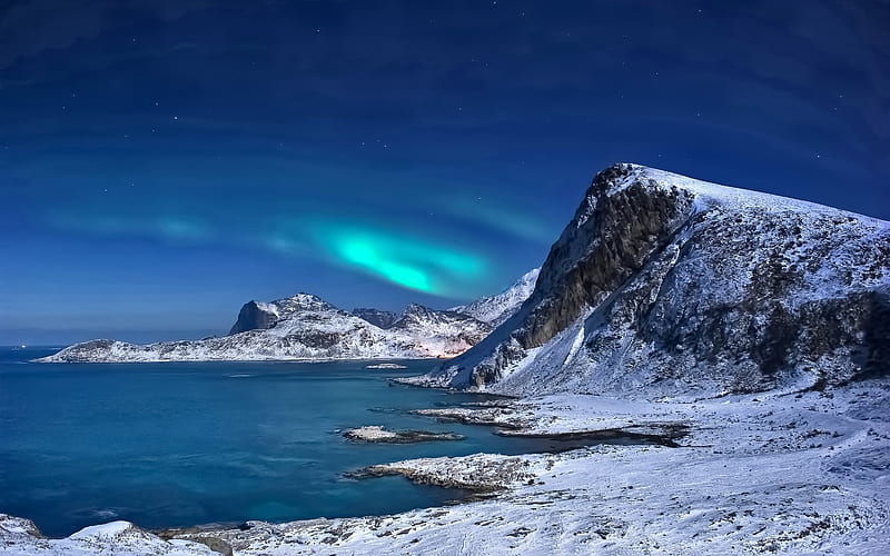 norway, northern lights, coast, night, lofoten islands, winter, HD wallpaper